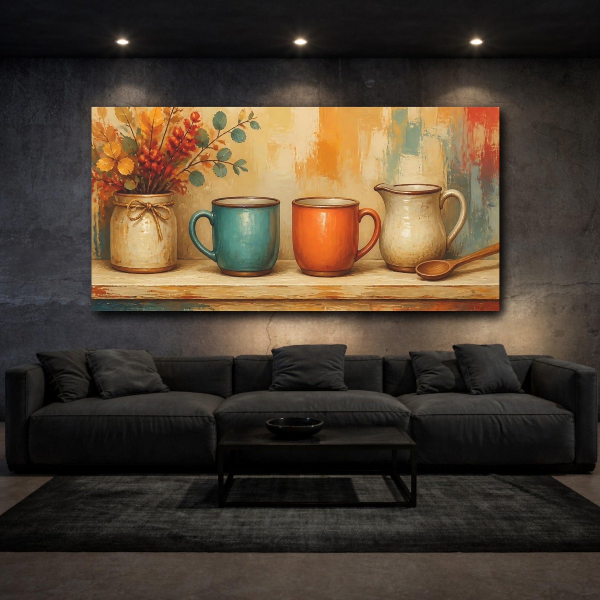 Mockup 3. Autumn Kitchen Mugs shown as canvas print