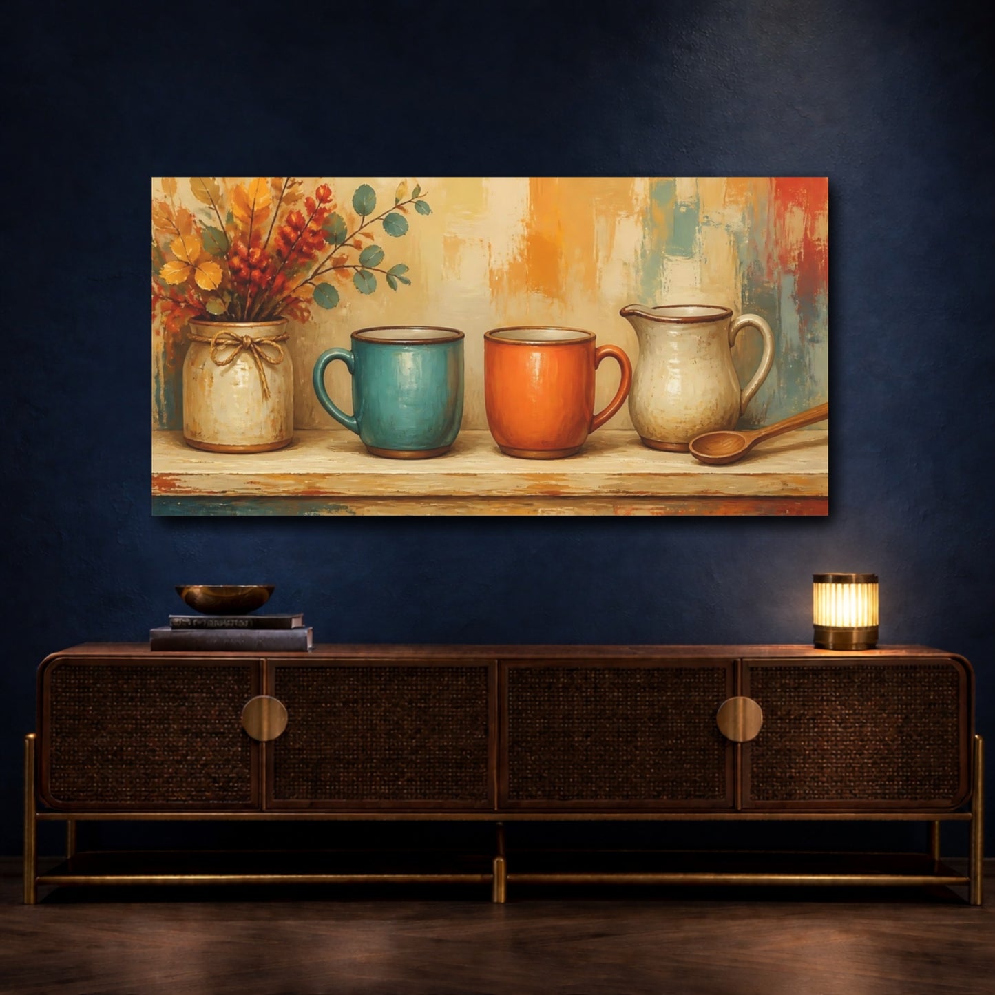 Mockup 4. Autumn Kitchen Mugs shown as canvas print