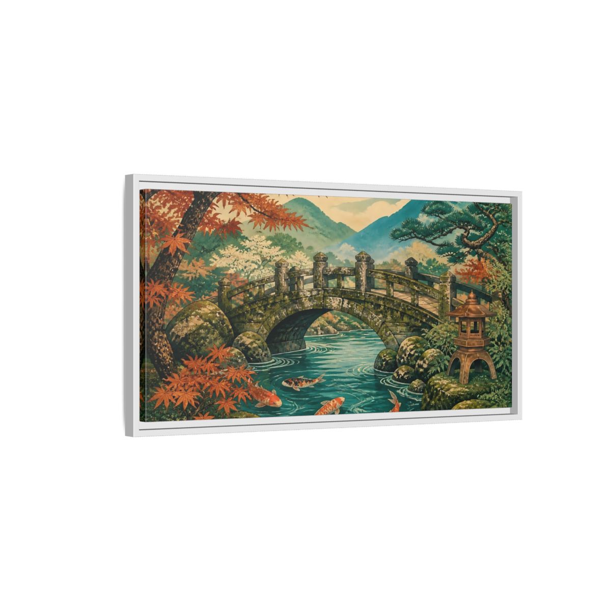 Side Mockup 1. Autumn Koi At Stone Bridge shown as framed canvas print
