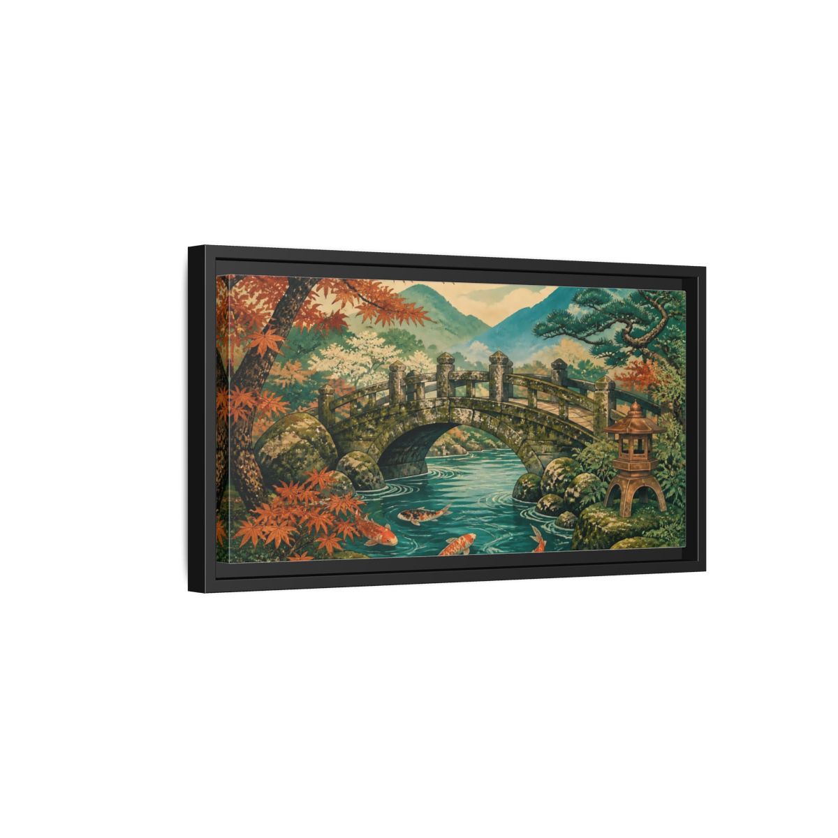 Side Mockup 8. Autumn Koi At Stone Bridge shown as framed canvas print