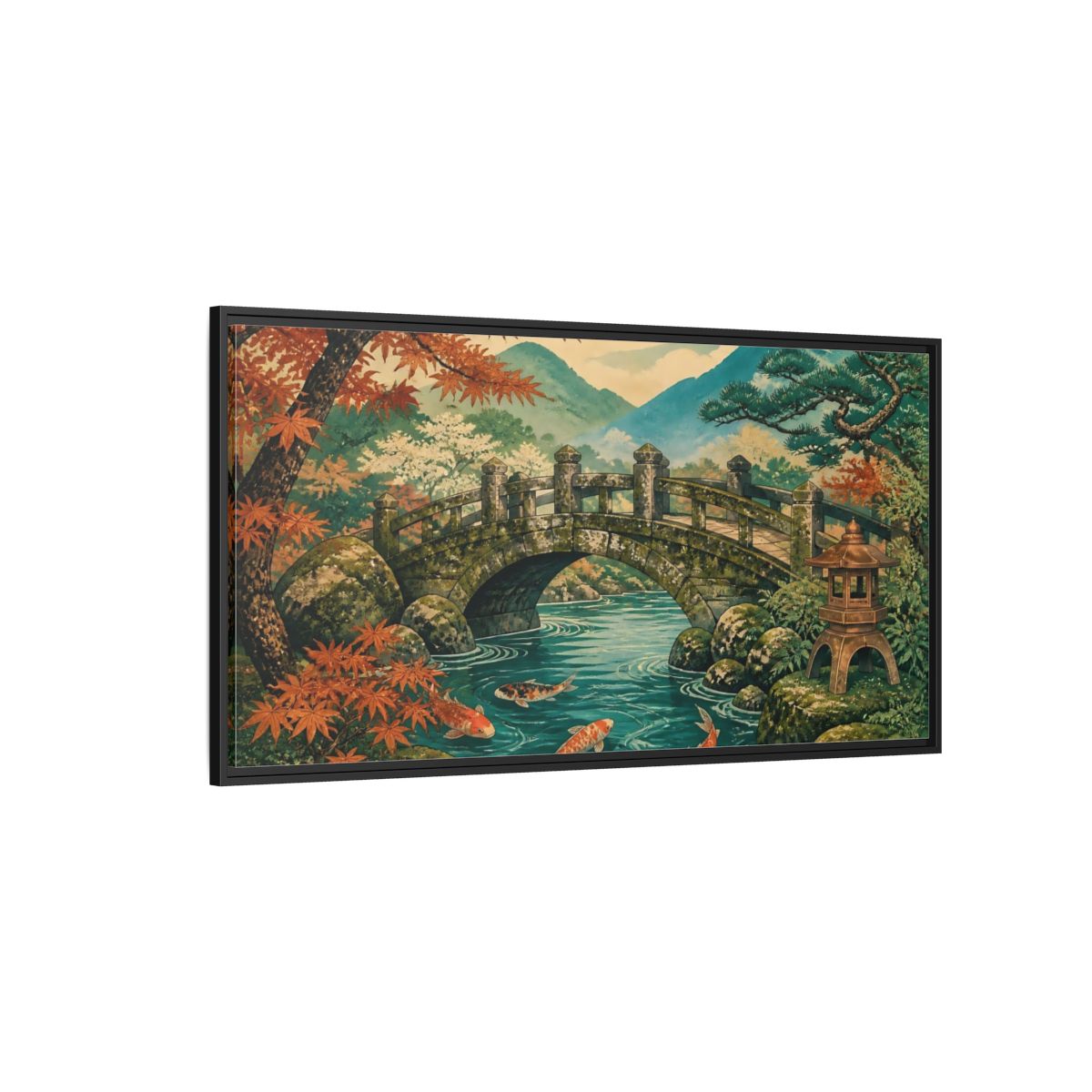 Side Mockup 5. Autumn Koi At Stone Bridge shown as framed canvas print
