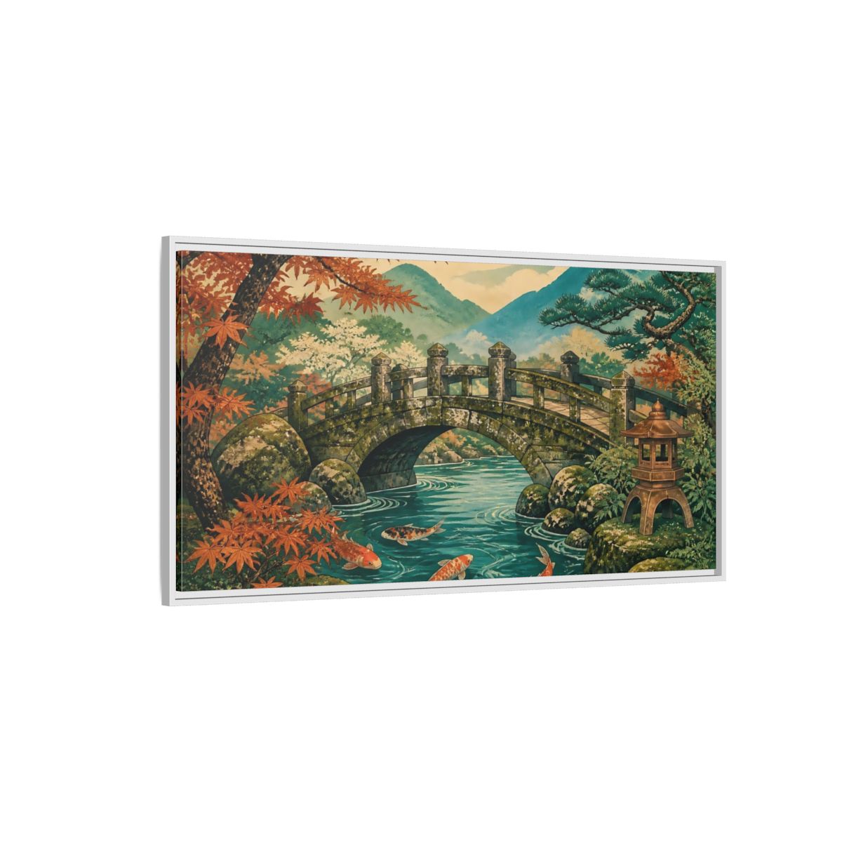 Side Mockup 3. Autumn Koi At Stone Bridge shown as framed canvas print