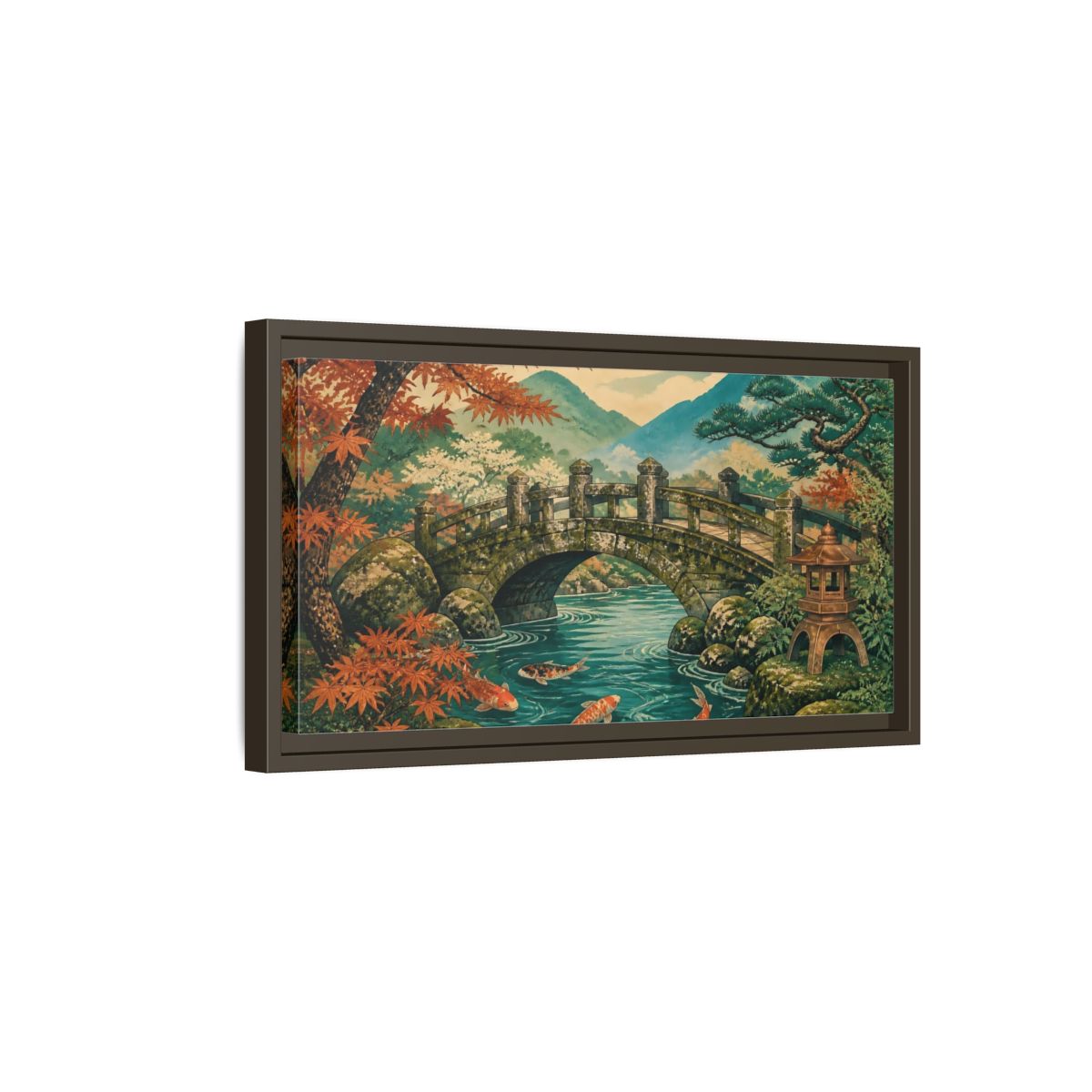 Side Mockup 7. Autumn Koi At Stone Bridge shown as framed canvas print