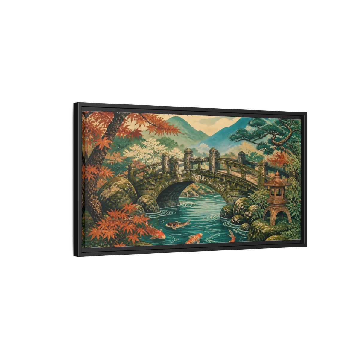 Side Mockup 2. Autumn Koi At Stone Bridge shown as framed canvas print