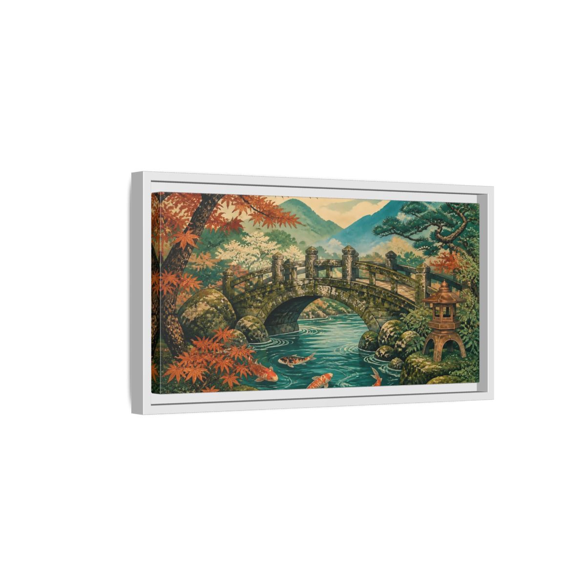 Side Mockup 6. Autumn Koi At Stone Bridge shown as framed canvas print