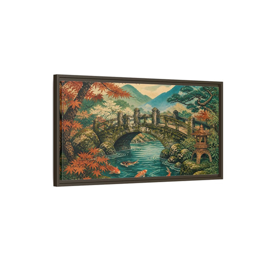 Main Mockup. Autumn Koi At Stone Bridge shown as framed canvas print