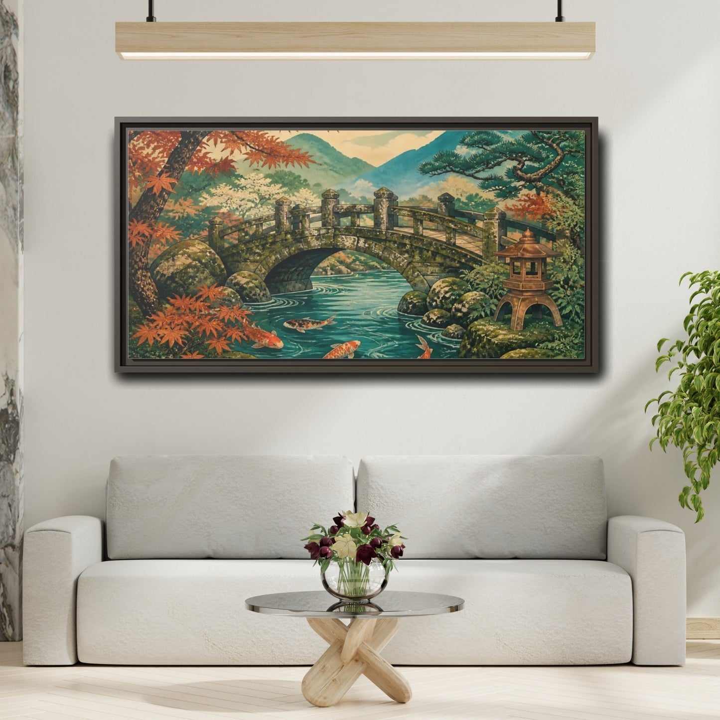 Mockup 2. Autumn Koi At Stone Bridge shown as framed canvas print