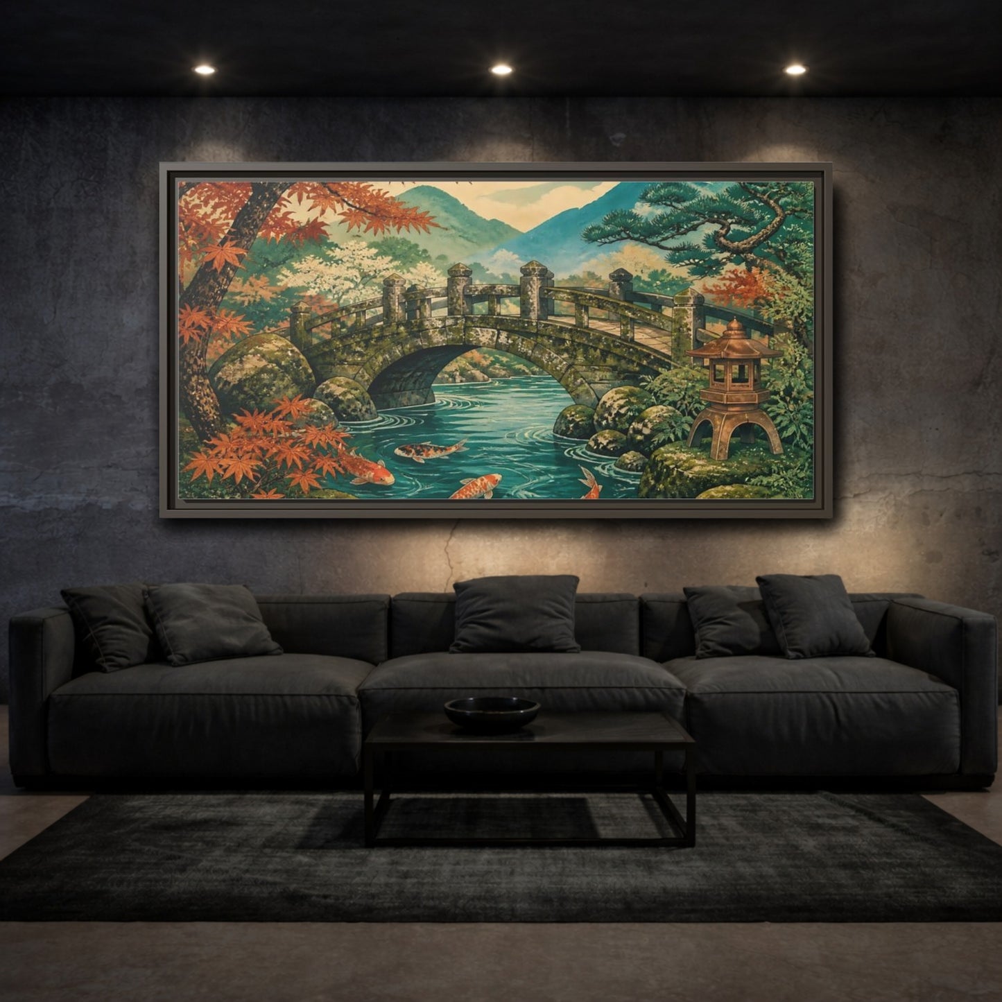 Mockup 3. Autumn Koi At Stone Bridge shown as framed canvas print