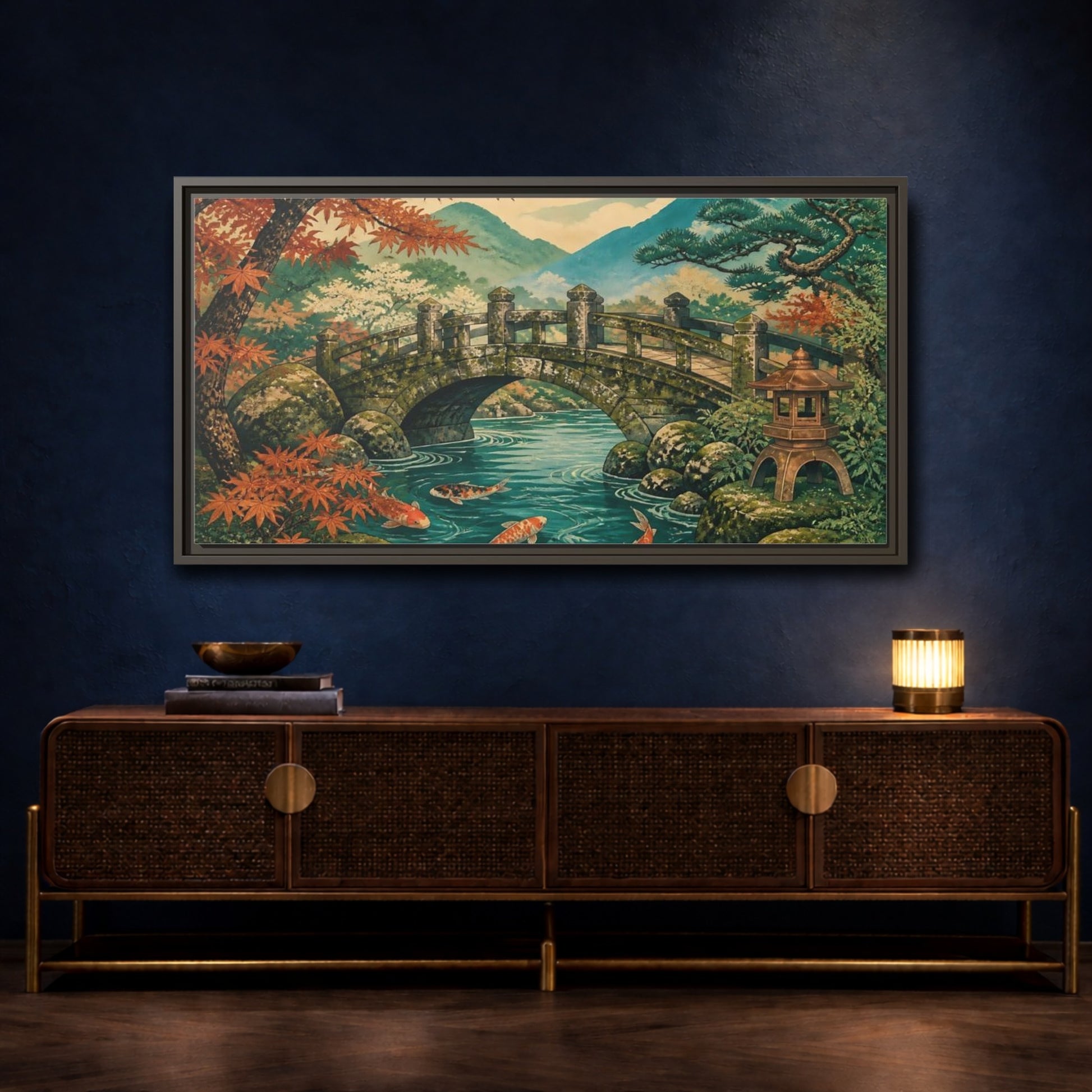 Mockup 4. Autumn Koi At Stone Bridge shown as framed canvas print