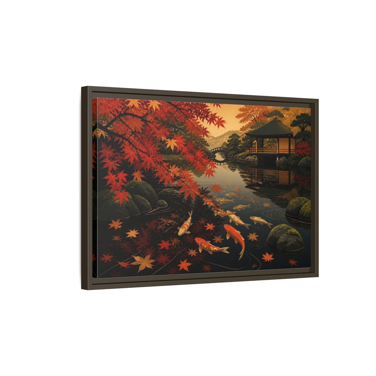Side Mockup 2. Autumn Koi Pond Reflection shown as framed canvas print