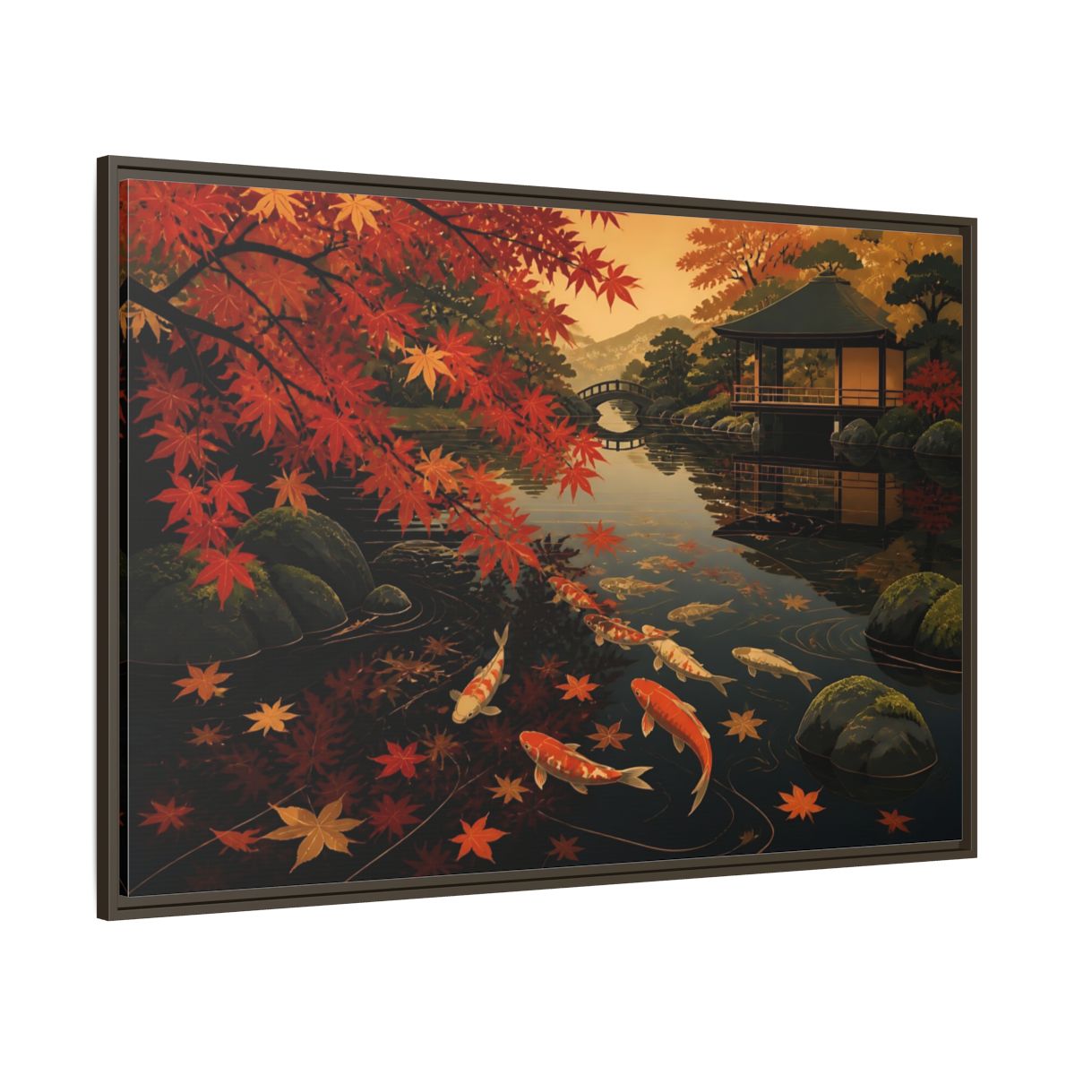 Side Mockup 8. Autumn Koi Pond Reflection shown as framed canvas print