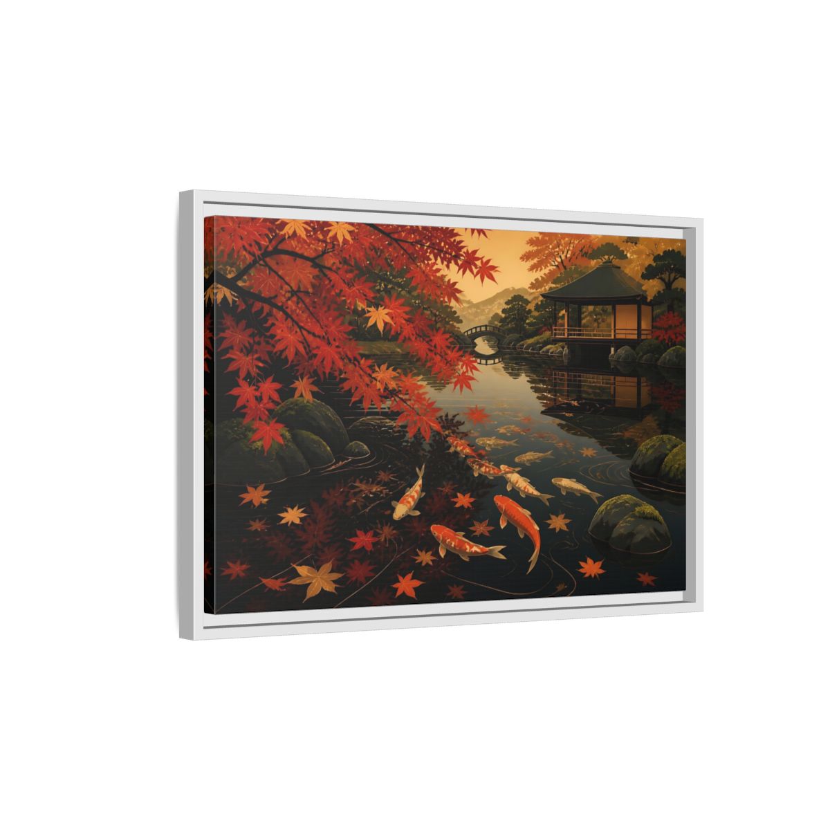 Side Mockup 1. Autumn Koi Pond Reflection shown as framed canvas print