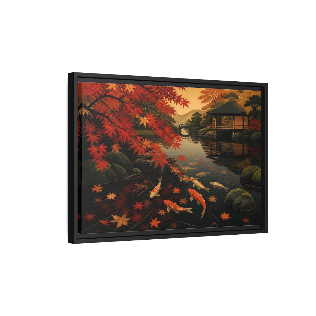 Side Mockup 3. Autumn Koi Pond Reflection shown as framed canvas print