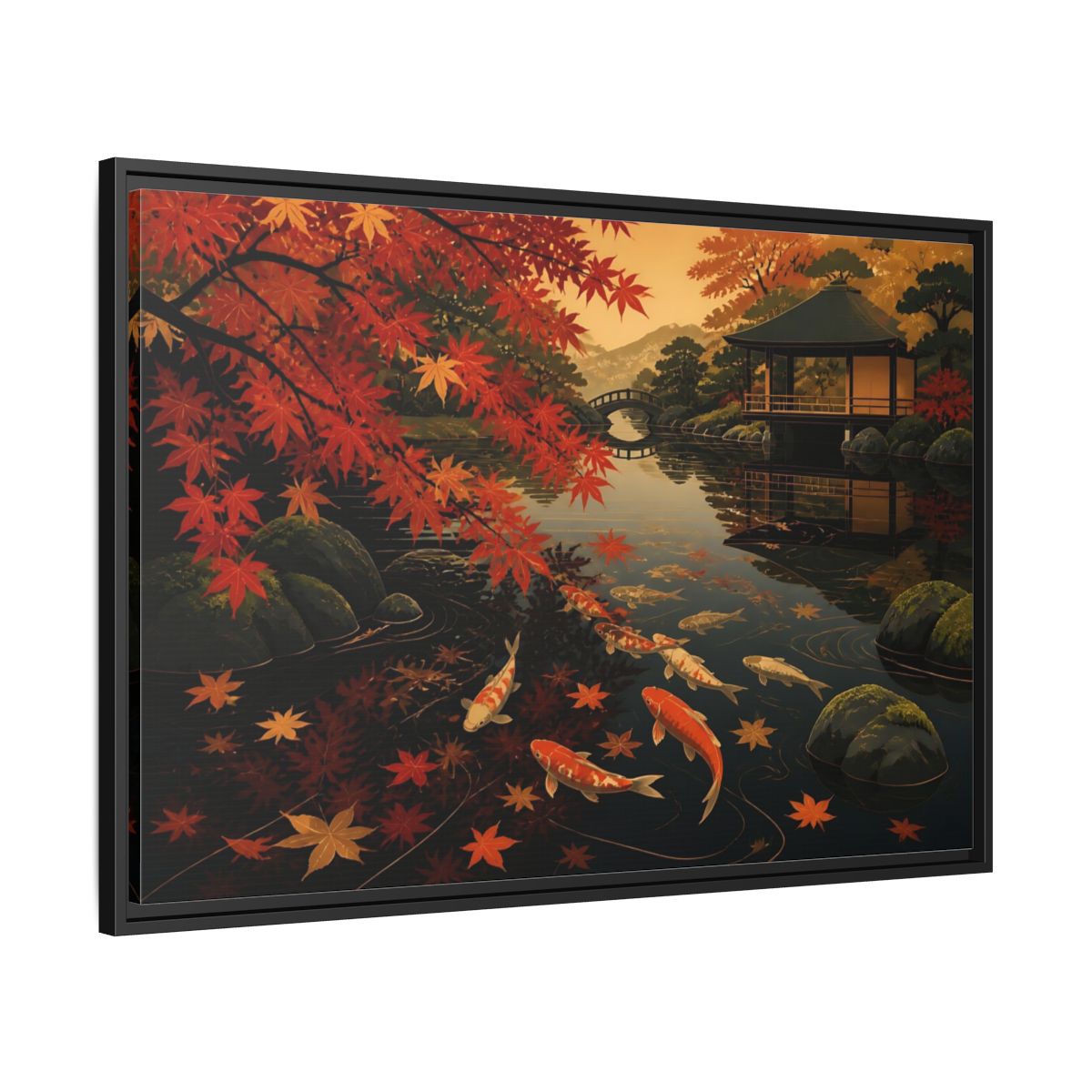 Side Mockup 13. Autumn Koi Pond Reflection shown as framed canvas print
