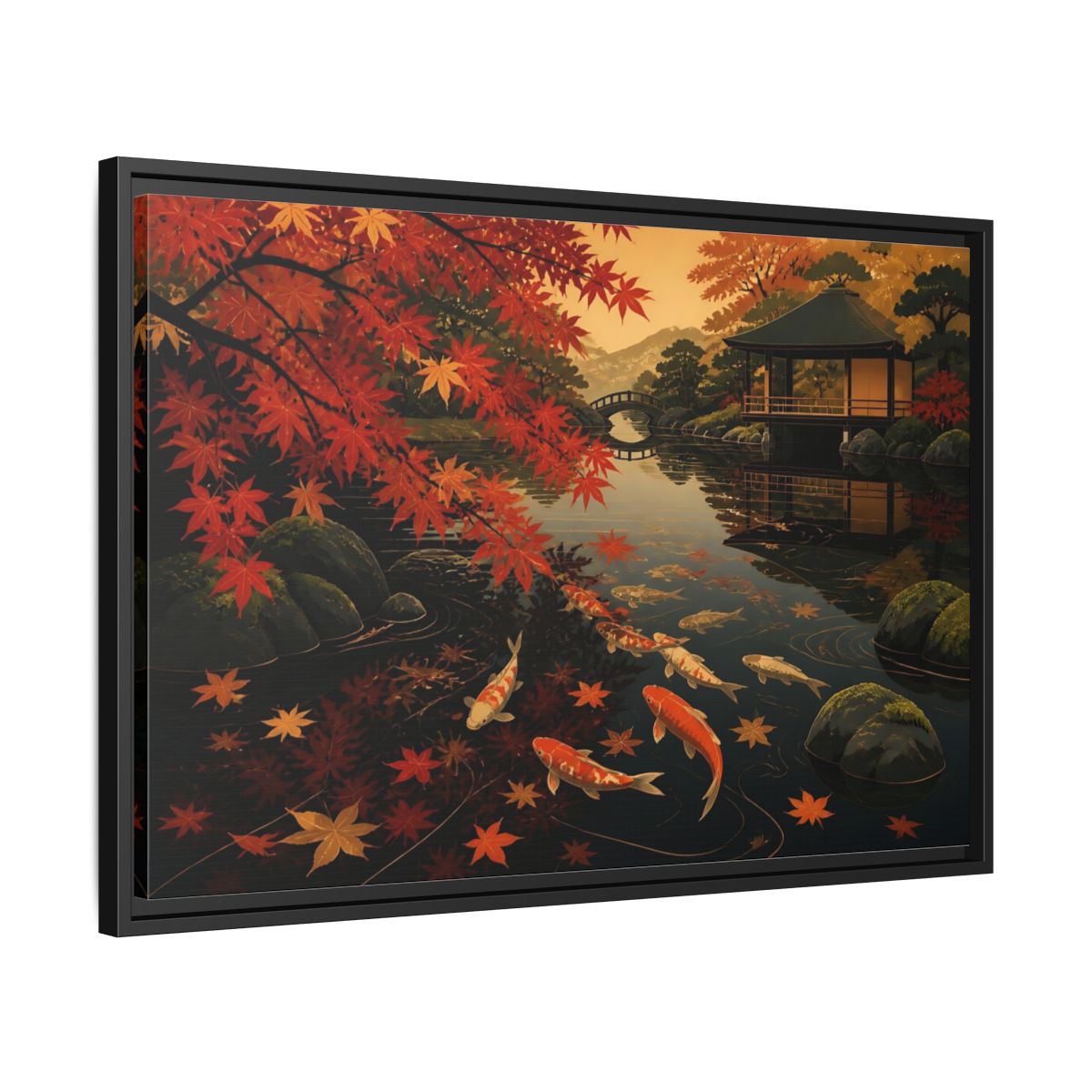 Side Mockup 14. Autumn Koi Pond Reflection shown as framed canvas print