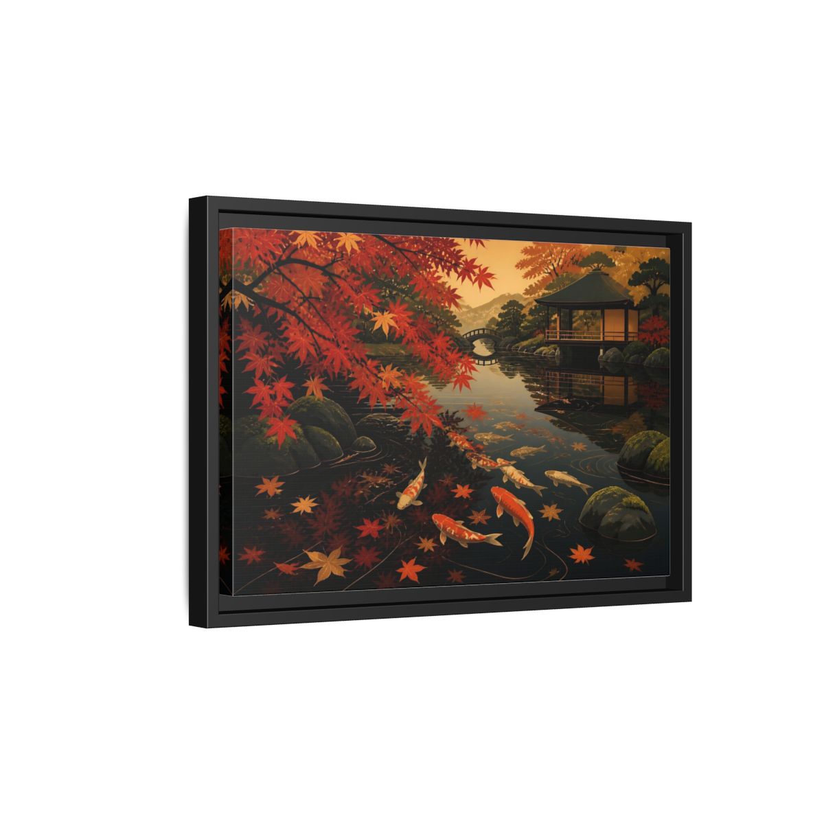 Side Mockup 6. Autumn Koi Pond Reflection shown as framed canvas print