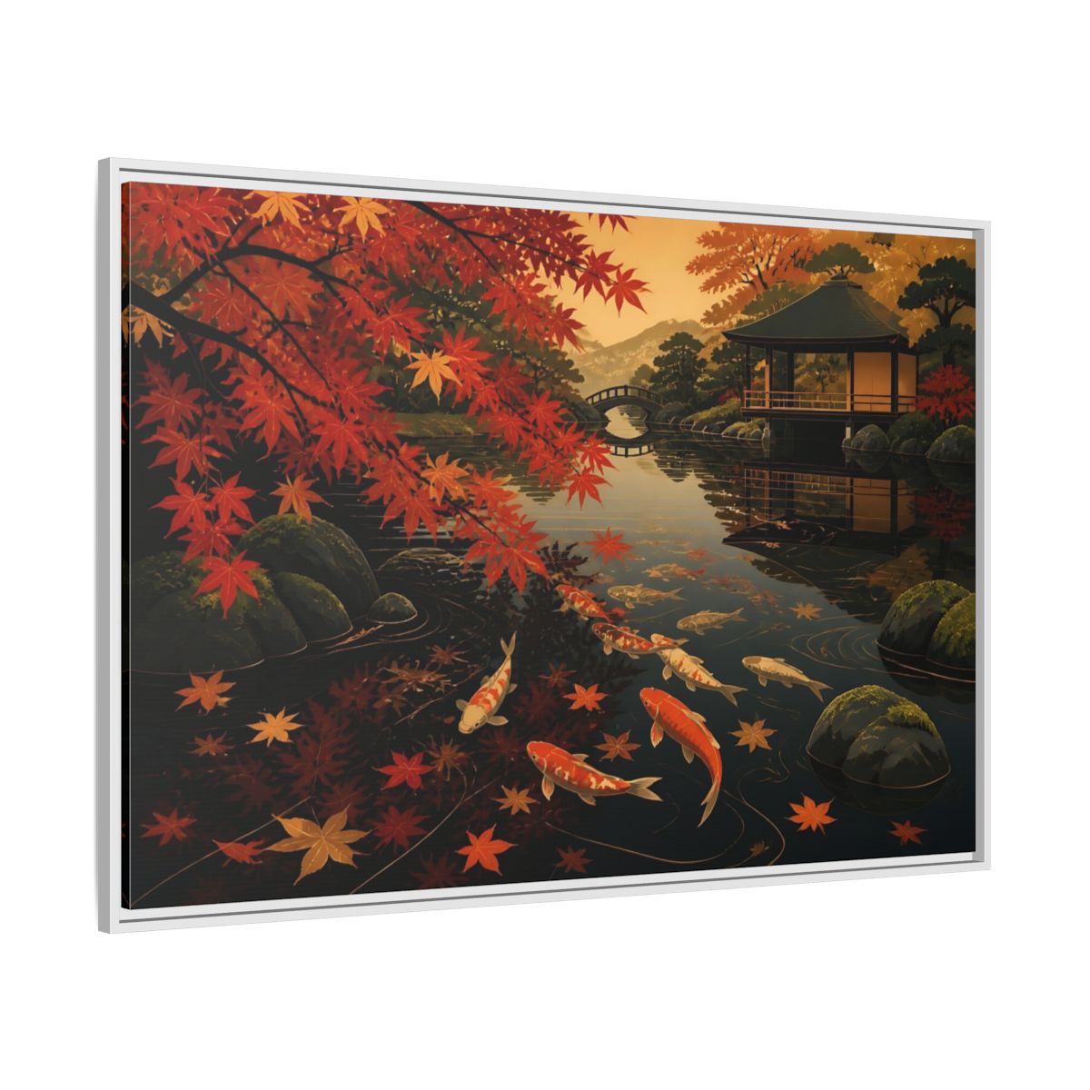 Side Mockup 7. Autumn Koi Pond Reflection shown as framed canvas print