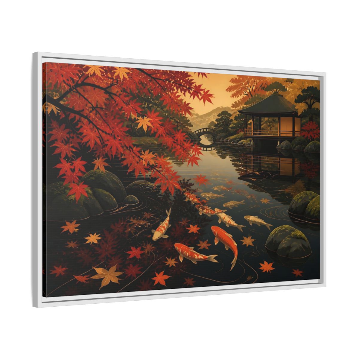 Side Mockup 9. Autumn Koi Pond Reflection shown as framed canvas print