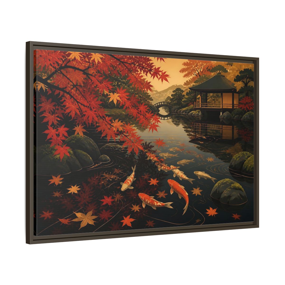 Main Mockup. Autumn Koi Pond Reflection shown as framed canvas print