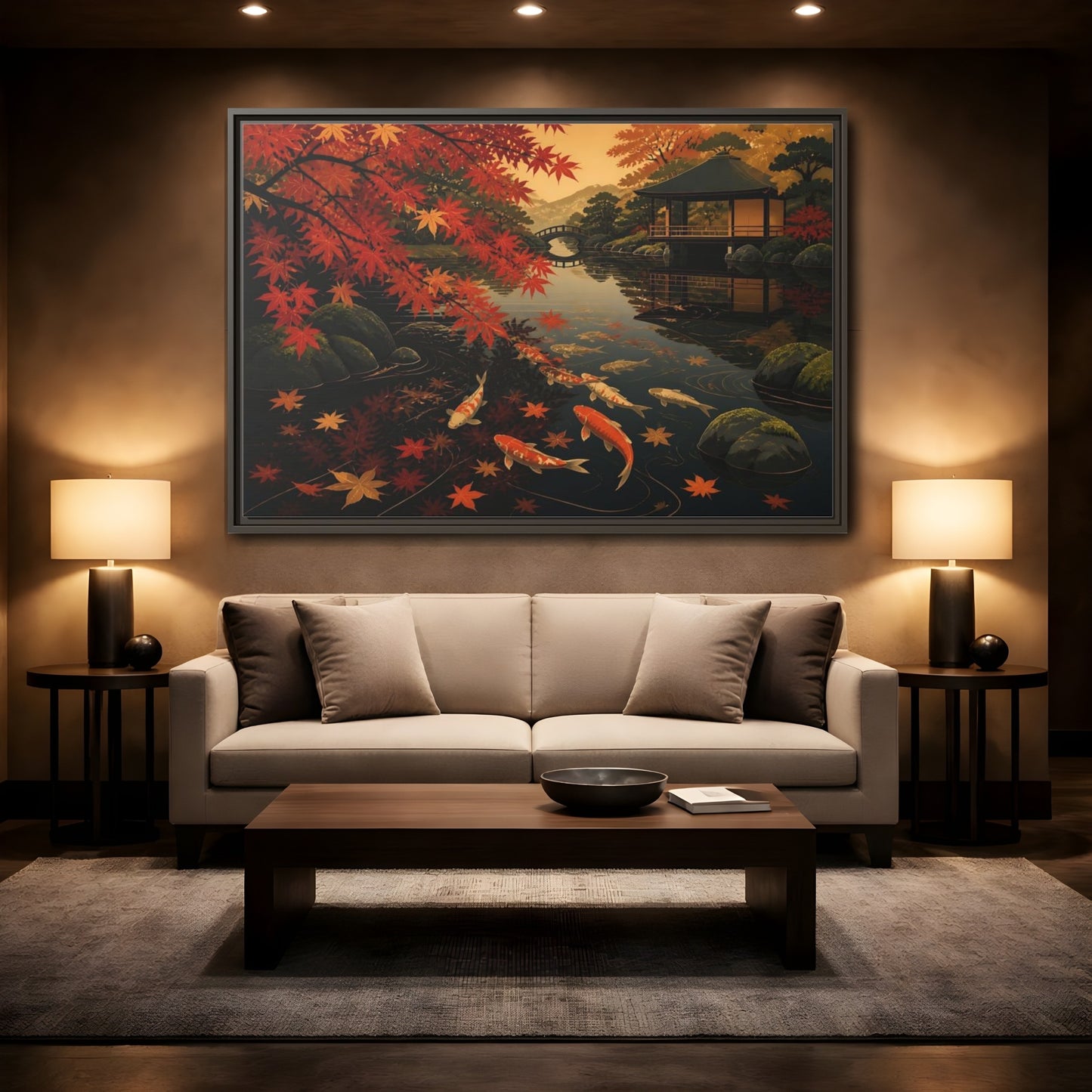 Mockup 2. Autumn Koi Pond Reflection shown as framed canvas print