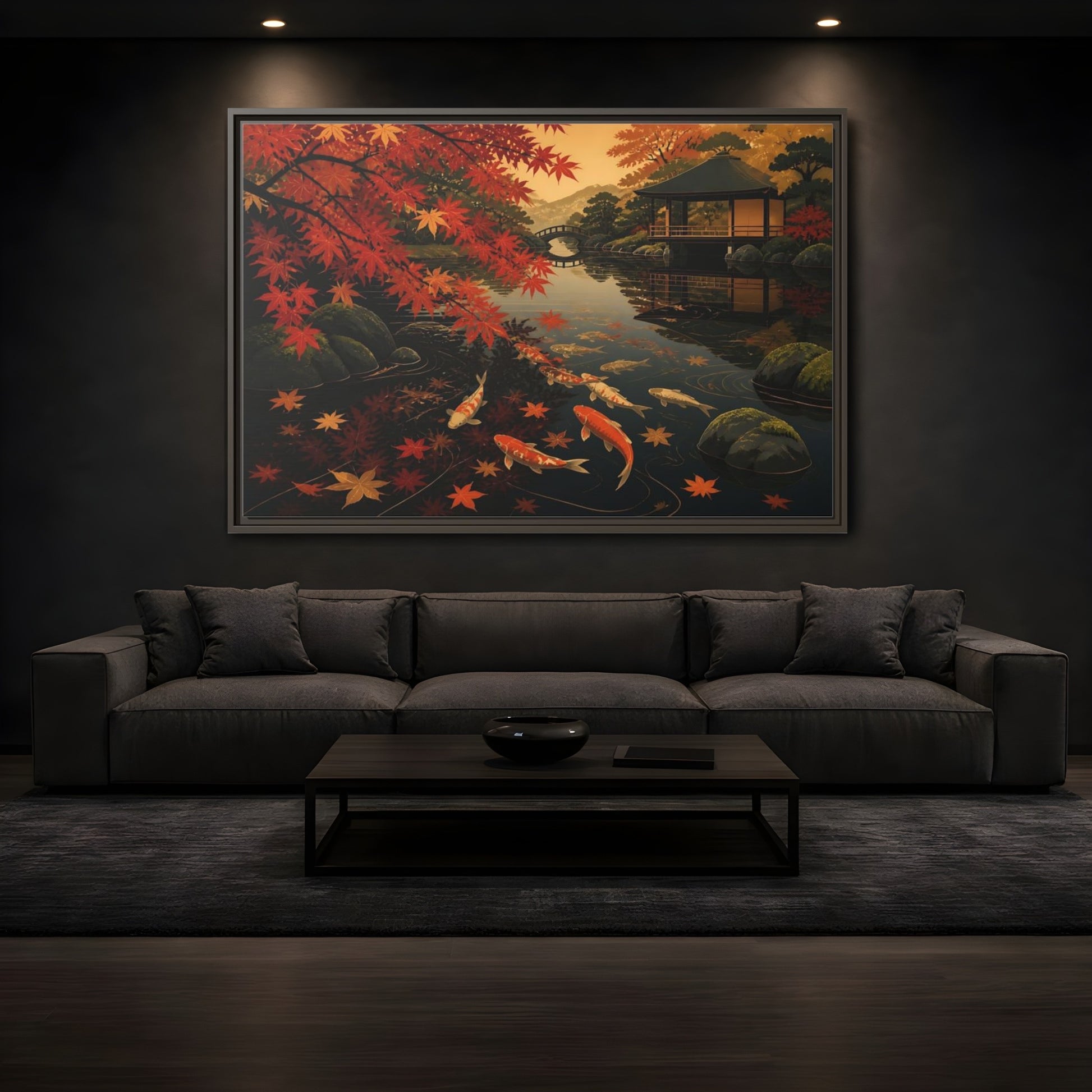 Mockup 3. Autumn Koi Pond Reflection shown as framed canvas print
