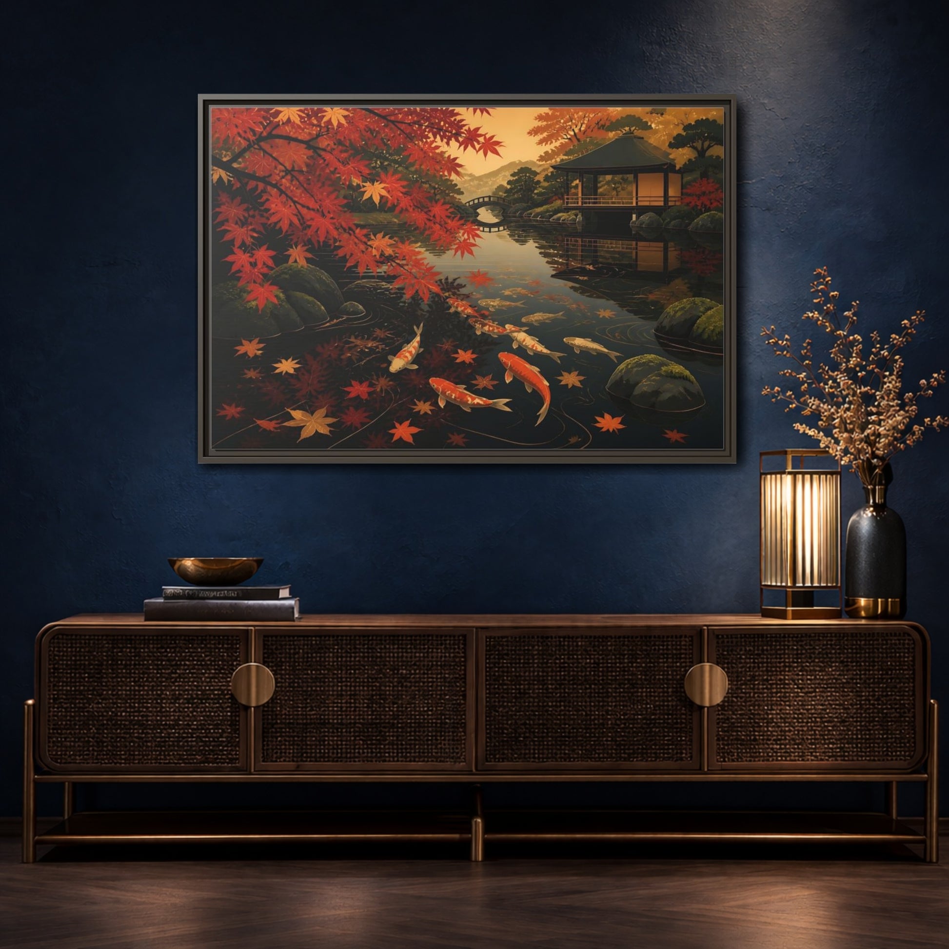 Mockup 4. Autumn Koi Pond Reflection shown as framed canvas print