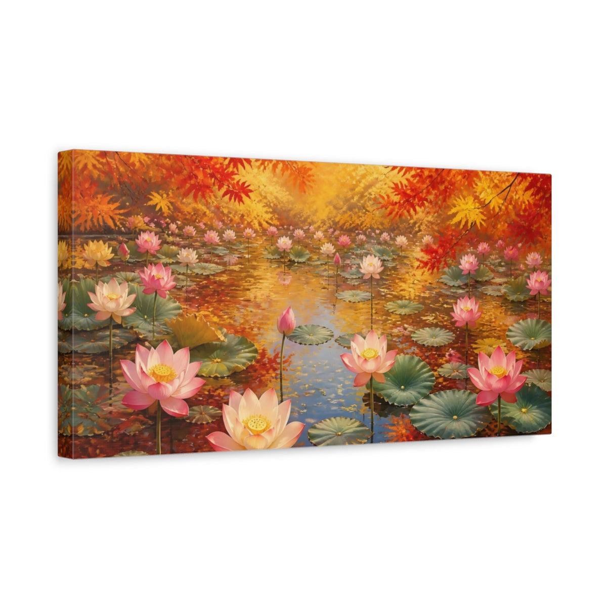 Side Mockup 3. Autumn Lotus Pond shown as canvas print