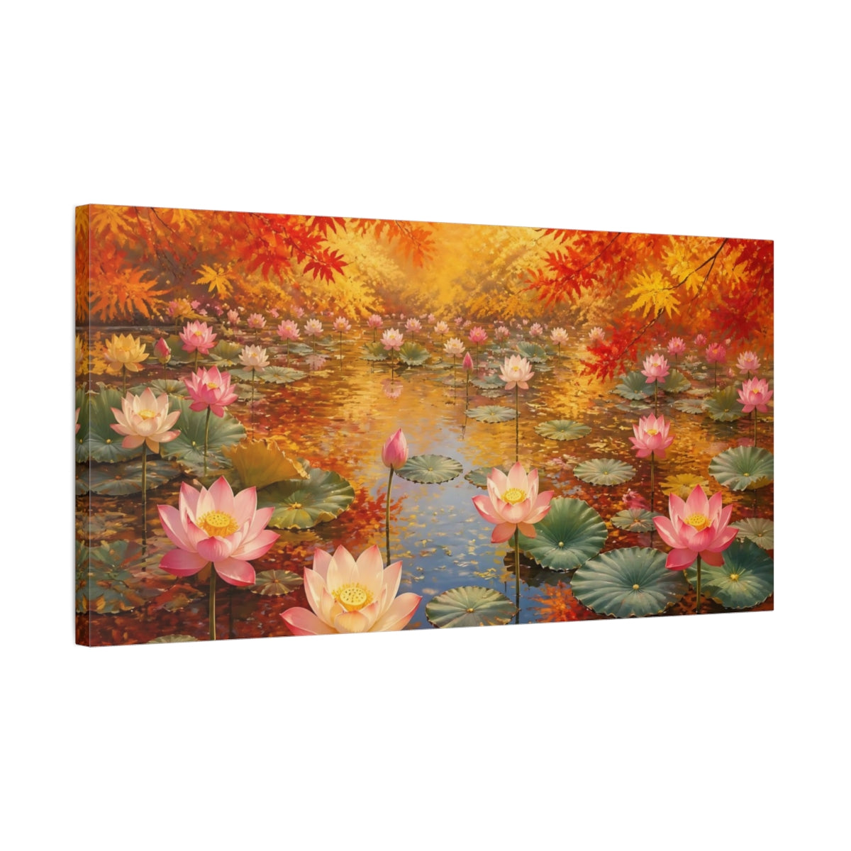 Side Mockup 1. Autumn Lotus Pond shown as canvas print