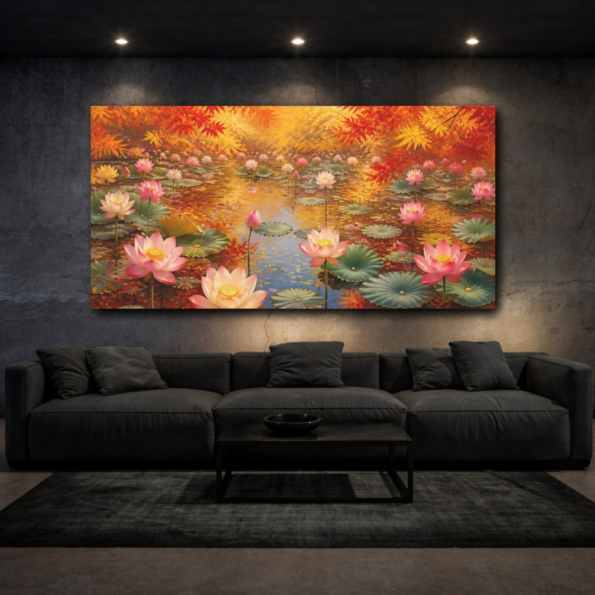 Mockup 3. Autumn Lotus Pond shown as canvas print
