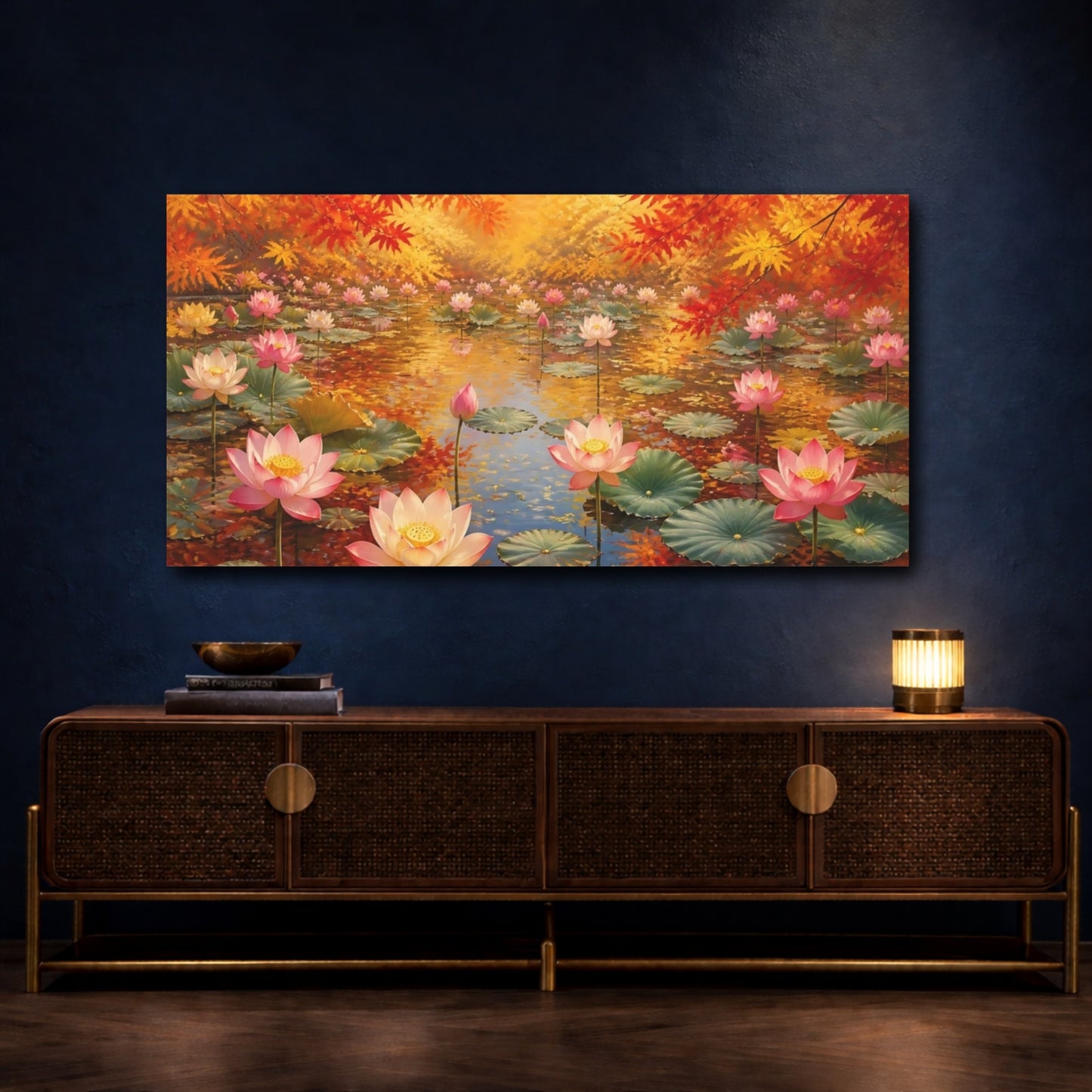 Mockup 4. Autumn Lotus Pond shown as canvas print