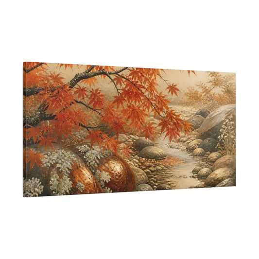 Main Mockup. Autumn Maple Over Pebble Stream shown as canvas print
