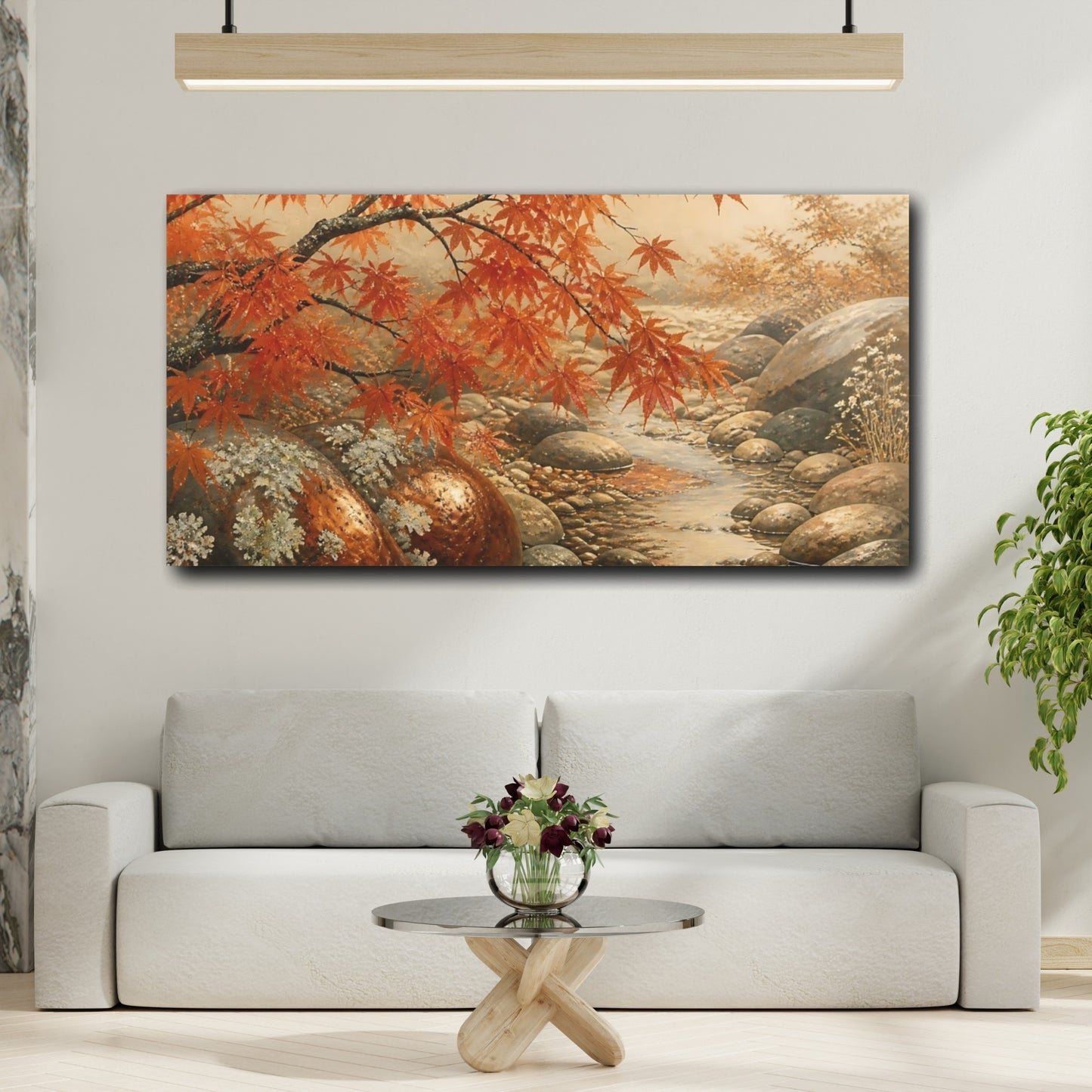 Mockup 2. Autumn Maple Over Pebble Stream shown as canvas print