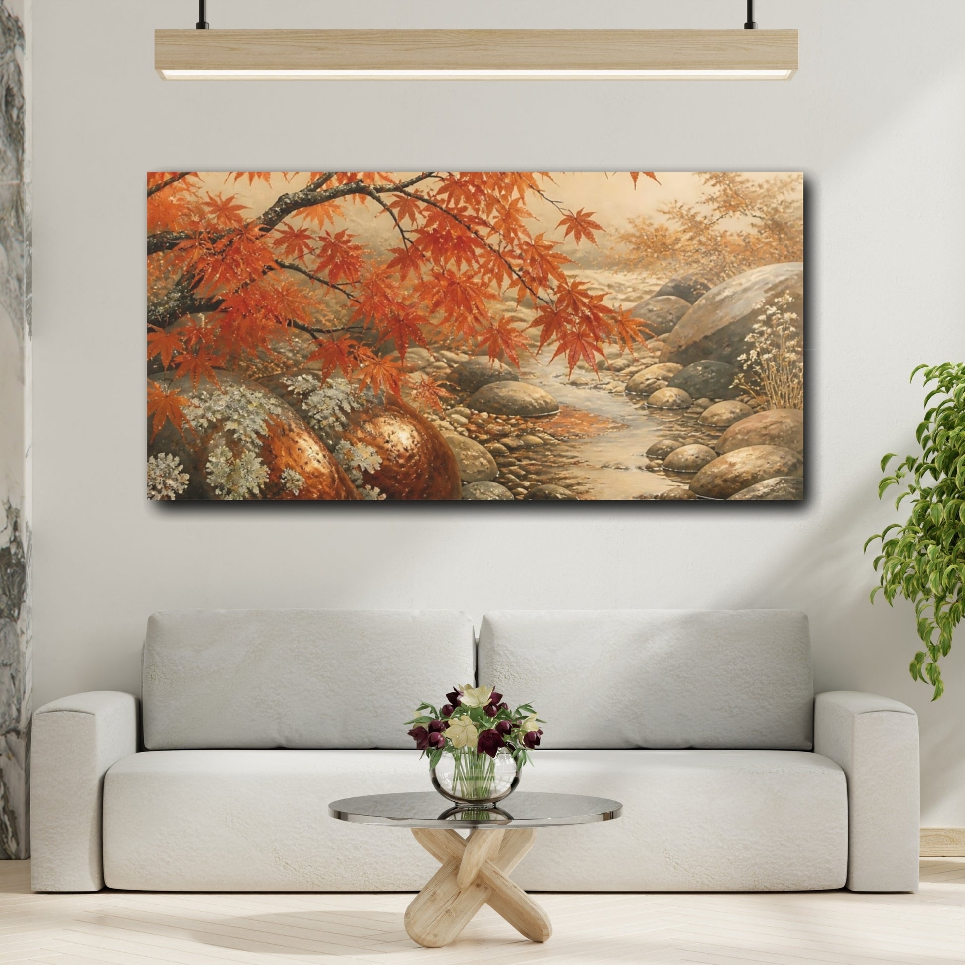 Mockup 2. Autumn Maple Over Pebble Stream shown as canvas print