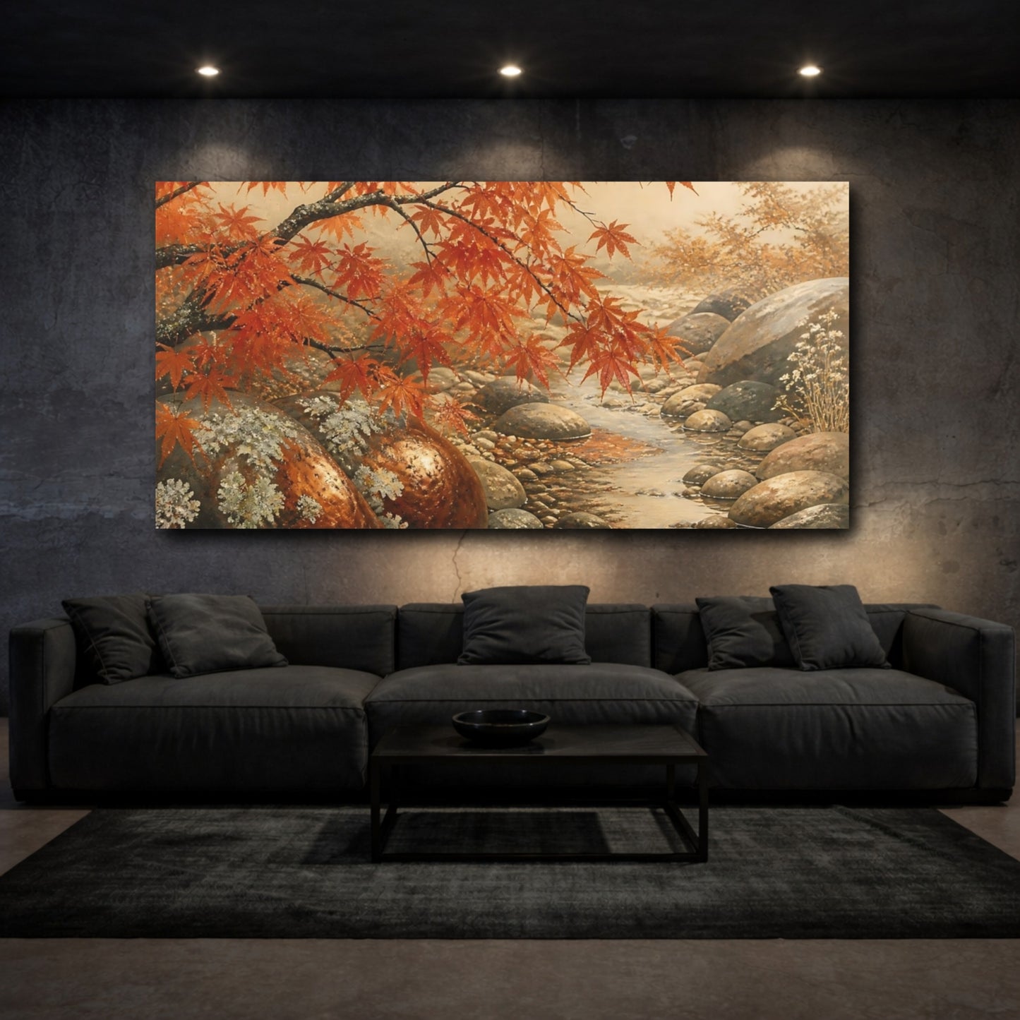 Mockup 3. Autumn Maple Over Pebble Stream shown as canvas print