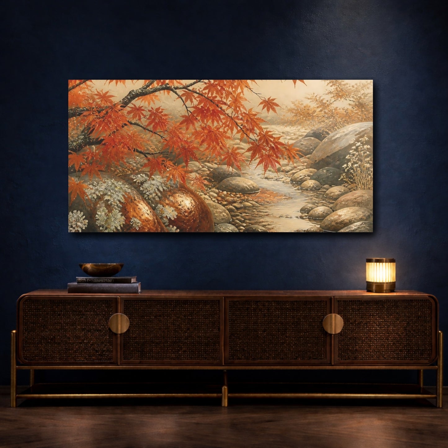 Mockup 4. Autumn Maple Over Pebble Stream shown as canvas print