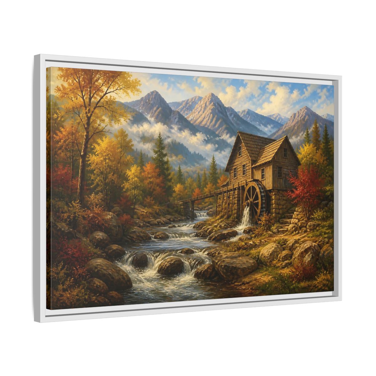 Side Mockup 10. Autumn Mountain Watermill shown as framed canvas print