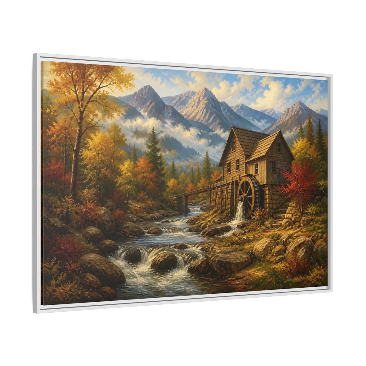 Side Mockup 7. Autumn Mountain Watermill shown as framed canvas print