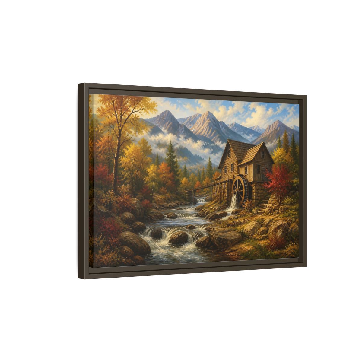 Side Mockup 2. Autumn Mountain Watermill shown as framed canvas print