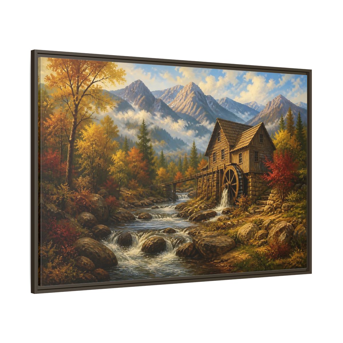 Side Mockup 8. Autumn Mountain Watermill shown as framed canvas print