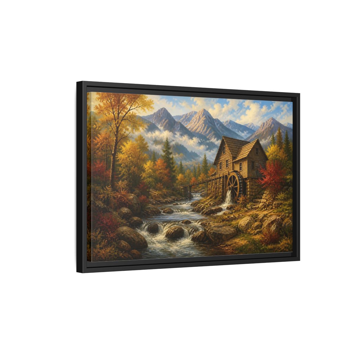 Side Mockup 3. Autumn Mountain Watermill shown as framed canvas print