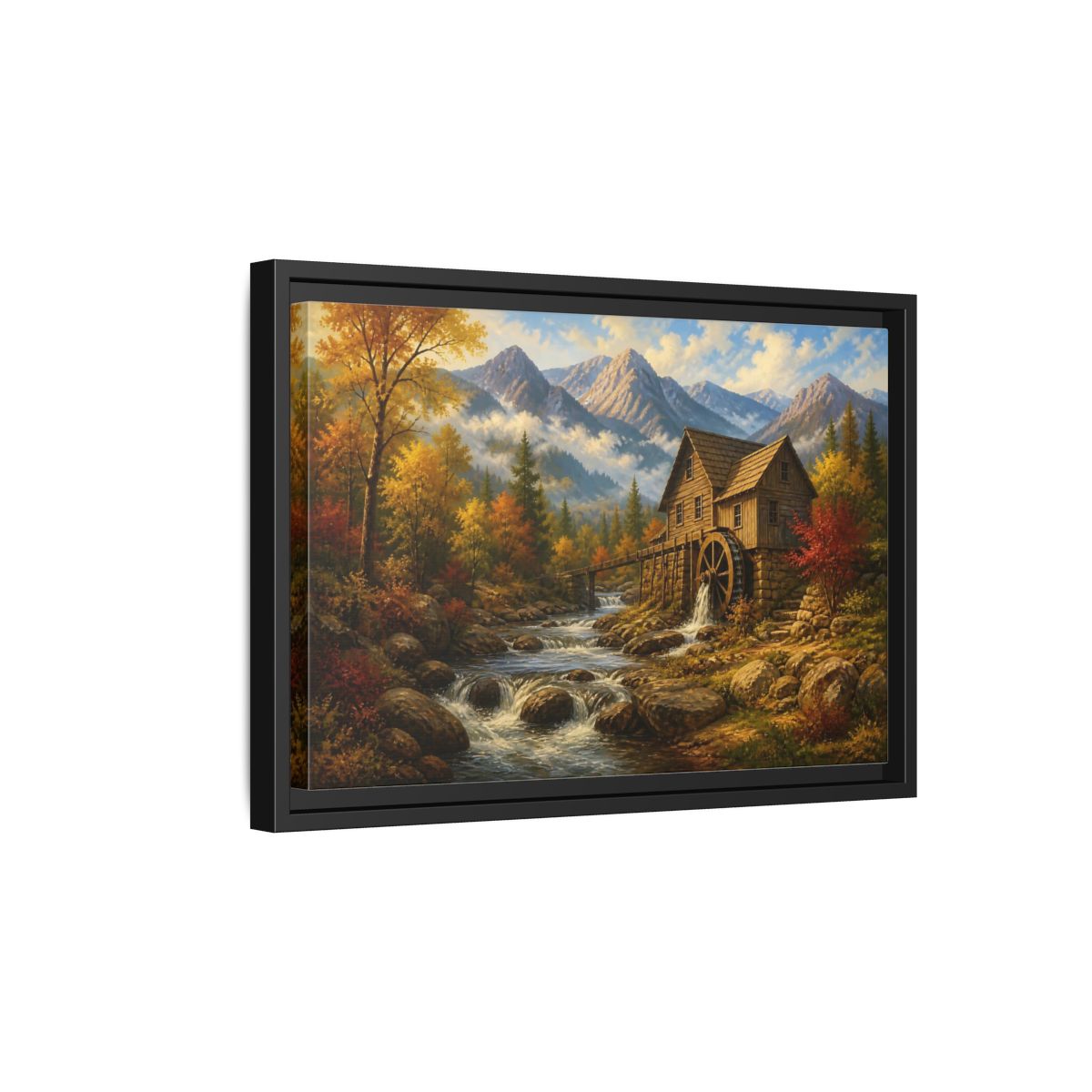 Side Mockup 6. Autumn Mountain Watermill shown as framed canvas print