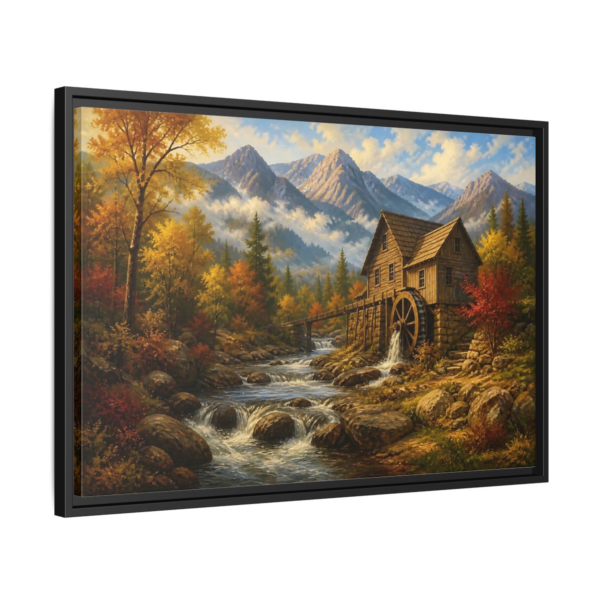 Side Mockup 14. Autumn Mountain Watermill shown as framed canvas print
