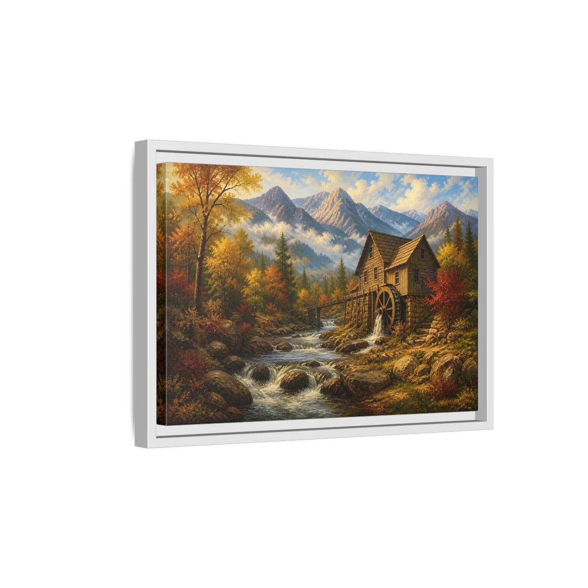 Side Mockup 4. Autumn Mountain Watermill shown as framed canvas print