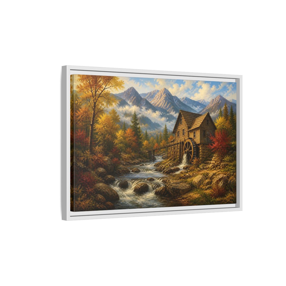 Side Mockup 1. Autumn Mountain Watermill shown as framed canvas print