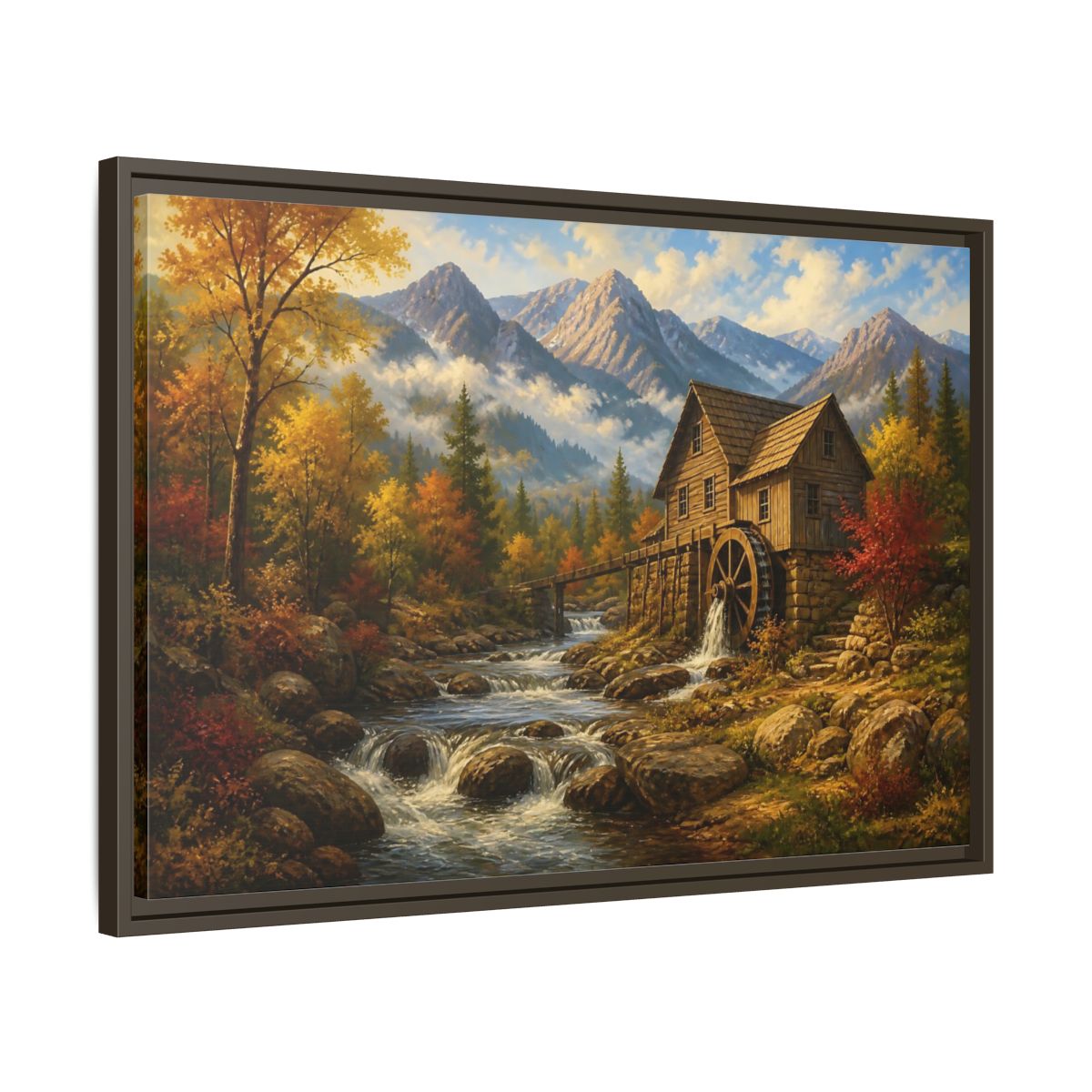 Side Mockup 11. Autumn Mountain Watermill shown as framed canvas print