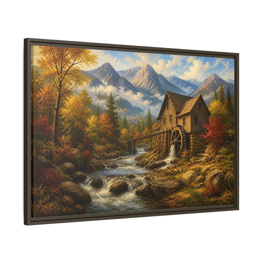 Main Mockup. Autumn Mountain Watermill shown as framed canvas print