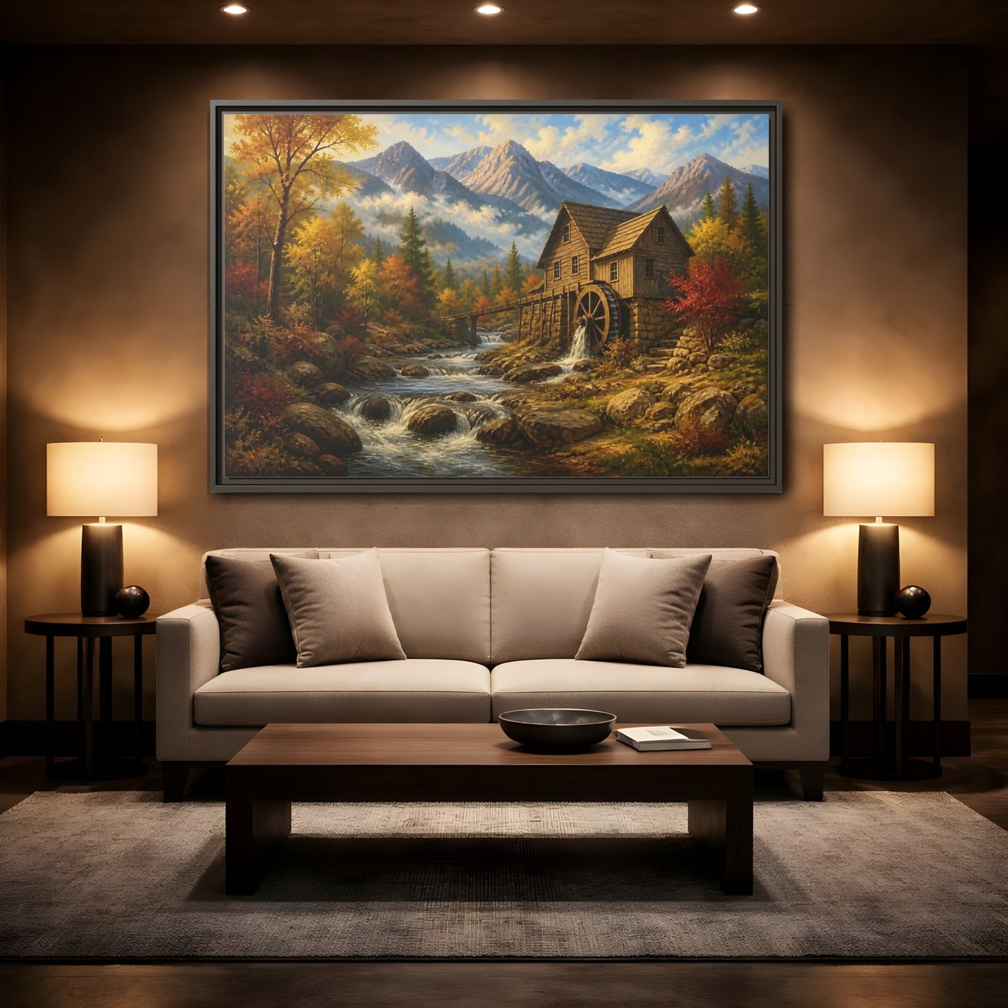 Mockup 2. Autumn Mountain Watermill shown as framed canvas print