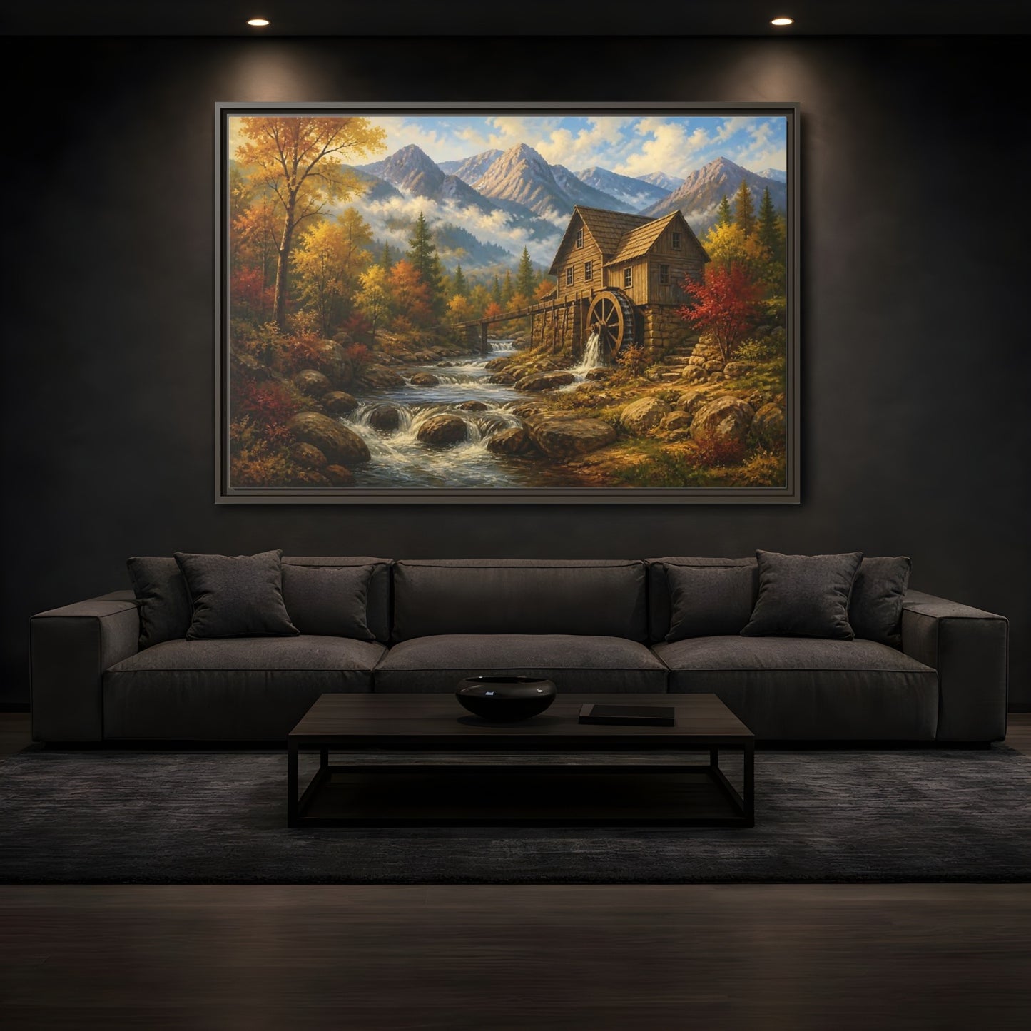 Mockup 3. Autumn Mountain Watermill shown as framed canvas print