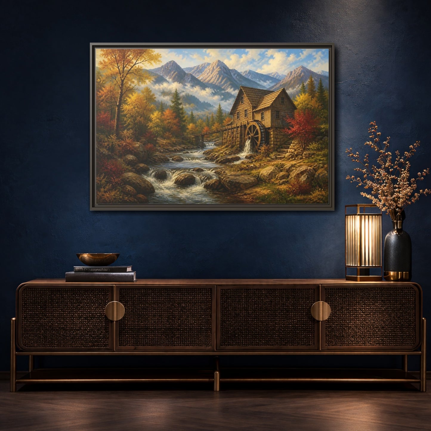 Mockup 4. Autumn Mountain Watermill shown as framed canvas print