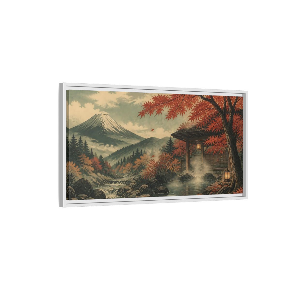 Side Mockup 1. Autumn Onsen Retreat shown as framed canvas print